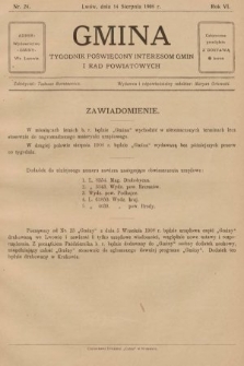 Gmina : tygodnik poświęcony interesom gmin i rad powiatowych. 1908, nr 24