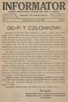 Informator : zawodowy organ Związku Przemysłu Gosp.-Szynk. w Krakowie. 1919, nr 1
