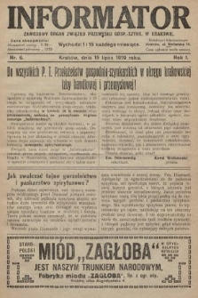 Informator : zawodowy organ Związku Przemysłu Gosp.-Szynk. w Krakowie. 1919, nr 6