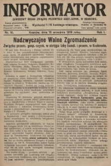 Informator : zawodowy organ Związku Przemysłu Gosp.-Szynk. w Krakowie. 1919, nr 10