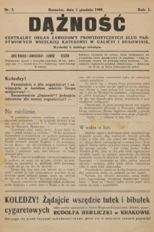 Dążność : centralny organ zawodowy prowizorycznych sług państwowych wszelkiej kategoryi w Galicyi i Bukowinie. 1909, nr 5