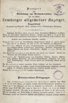 Lemberger Allgemeiner Anzeiger : Tagesblatt für Handel und Gewerbe, Kunst, geselliges Leben, Unterhaltung und Belehrung. 1857, Prospect und Einladung zur Bränumeration auf das Blatt