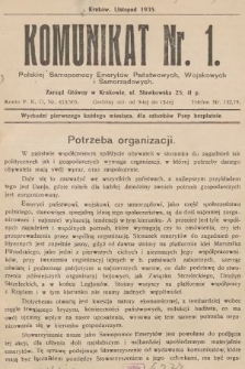 Komunikat Polskiej Samopomocy Emerytów Państwowych, Wojskowych i Samorządowych. 1935, nr 1