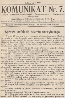 Komunikat Związku Emerytów Państwowych, Samorządowych i Wojskowych „Samopomoc”. 1936, nr 7