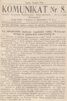 Komunikat Związku Emerytów Państwowych, Samorządowych i Wojskowych „Samopomoc”. 1936, nr 8