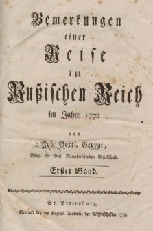 Bemerkungen einer Reise im Rußischen Reich im Jahre 1772. T. 1-2