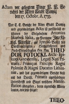Manifestatio : [Actum vor gehegtem Dinge E. E. Gerichts der Altem Stadt Dantzig den 17. Octobr. A. 1733 [...]