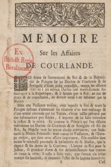 Memoire Sur les Affaires De Courlande