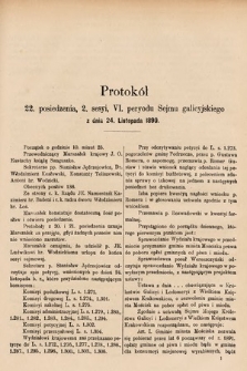 [Kadencja VI, sesja II, pos. 22] Protokół 22. posiedzenia 2. sesyi, VI. peryodu Sejmu galicyjskiego