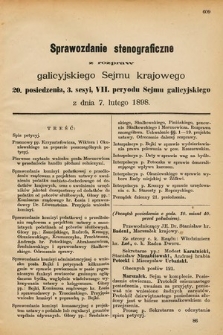 [Kadencja VII, sesja III, pos. 20] Sprawozdanie Stenograficzne z Rozpraw Galicyjskiego Sejmu Krajowego. 20. Posiedzenie 3. Sesyi VII. Peryodu Sejmu Galicyjskiego