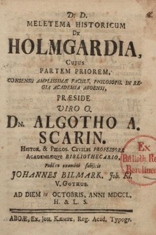 Meletema Historicum De Holmgardia. P. 1