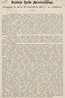 Rezolucja Zjazdu Aprowizacyjnego, przyjęta w dniu 27 kwietnia 1917 r. w Lublinie