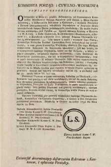 Uniwersał determinuiący dostarczenia Rekrutow z Katonow, i opłacenia Pieniędzy : [Inc.:] Odebrawszy w Dniu 21. præsen: Rekwizycyą od Prześwietney Komissyi Woyskowey Oboyga Narodow pod Dniem 3. M[ie]ś[ią]ca idącego datowaną [...]. [Expl.:] Działo się w Grodnie na Sessyi 1792 R[ok]u M[ie]ś[ią]ca Aprila 24 Dnia