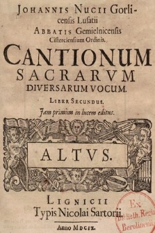 Johannis Nucii Gorlicensis Lusatii Abbatis Gemielnicensis Cisterciensium Ordinis. Cantionum Sacrarvm Diversarum Vocum. Liber Secundus. Altus