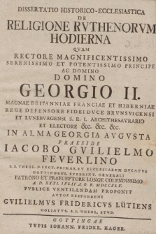 Dissertatio Historico-Ecclesiastica De Religione Rvthenorvm Hodierna