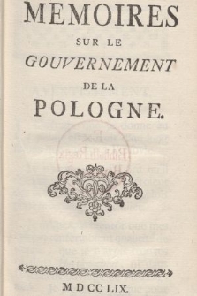 Memoires Sur Le Gouvernement De La Pologne