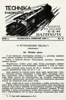 Technika Parowozowa : dodatek do organu Z.Z.M. „Maszynista”. 1927, nr 8