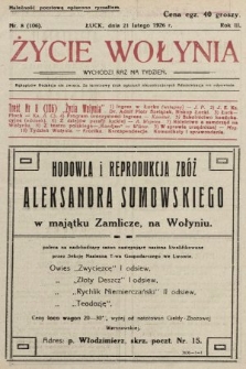 Życie Wołynia : czasopismo bezpartyjne, myśli i czynowi polskiemu na Wołyniu poświęcone. 1926, nr 8