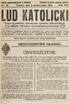 Lud Katolicki : pismo tygodniowe, poświęcone sprawom ludu polskiego : organ Związku Katolicko-Ludowego. 1920, nr 40