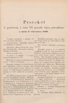 [Kadencja VII, sesja I, pos. 3] Protokoły z 1. Sesyi VII. Peryodu Sejmu Krajowego Królestwa Galicyi i Lodomeryi z Wielkiem Księstwem Krakowskiem w roku 1895/6. Protokół 3