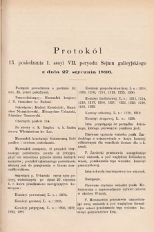 [Kadencja VII, sesja I, pos. 15] Protokoły z 1. Sesyi VII. Peryodu Sejmu Krajowego Królestwa Galicyi i Lodomeryi z Wielkiem Księstwem Krakowskiem w roku 1895/6. Protokół 15