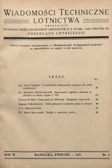Wiadomości Techniczne Lotnictwa : kwartalnik wydawany przez departament Aeronautyki M. S. Wojsk. jako dodatek do „Przeglądu Lotniczego”. [1935], nr 2