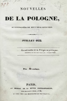 Nouvelles de la Pologne : accompagniées de documents officiels. 1832, Juillet
