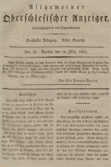 Allgemeiner Oberschlesischer Anzeiger : Blätter zur Besprechung und Förderung provinzieller Interessen zur Belehrung und Unterhaltung. 1832, nr  21