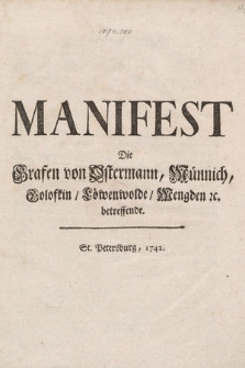 Manifest Die Grafen von Ostermann, Münnich, Goloskin, Löwenwolde, Mengden etc. betreffende