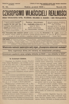 Czasopismo Właścicieli Realności. 1926, nr 94