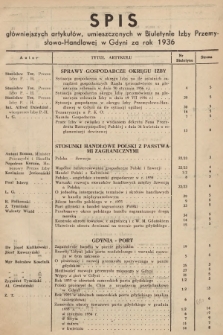 Biuletyn Izby Przemysłowo-Handlowej w Gdyni. 1936, spis główniejszych artykułów, umieszczonych w Biuletynie Izby Przemysłowo-Handlowej w Gdyni za rok 1936