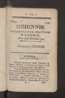 Dziennik Patryotycznych Politykow we Lwowie. 1794, nr 140