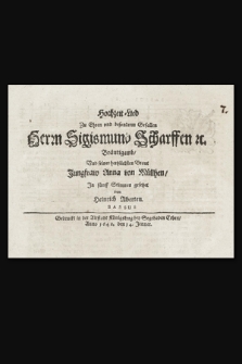 Hochzeit-Lied Zu Ehren vnd besonderm Gefallen Herrn Sigismund Scharffen &c. Bräutigamb, Vnd seiner hertzliebsten Braut Jungfraw Anna von Müllhen, Jn fünff Stimmen gesetzet. Bassus