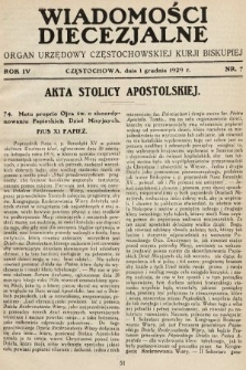 Wiadomości Diecezjalne : organ urzędowy Częstochowskiej Kurji Biskupiej. 1929, nr 7