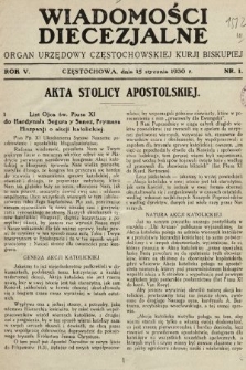 Wiadomości Diecezjalne : organ urzędowy Częstochowskiej Kurji Biskupiej. 1930, nr 1