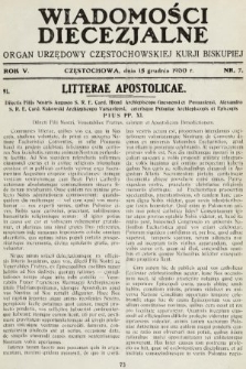 Wiadomości Diecezjalne : organ urzędowy Częstochowskiej Kurji Biskupiej. 1930, nr 7