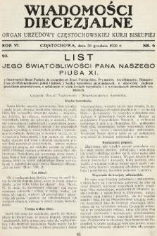 Wiadomości Diecezjalne : organ urzędowy Częstochowskiej Kurji Biskupiej. 1931, nr 6