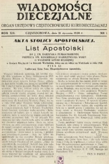 Wiadomości Diecezjalne : organ urzędowy Częstochowskiej Kurji Biskupiej. 1938, nr 1