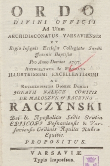 Ordo Divini Officii ad usum Archidiaconatus Varsaviensis et Regio Jnsignis Ecclesiæ Collegiatæ Sancti Joannis Baptistæ pro Anno Domini. 1797