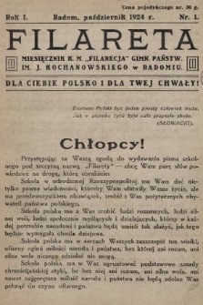 Filareta : miesięcznik K. M. „Filarecja” Gimn. Państwowego im. J. Kochanowskiego w Radomiu. 1924/1925, nr 1