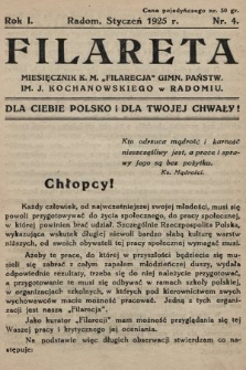 Filareta : miesięcznik K. M. „Filarecja” Gimn. Państwowego im. J. Kochanowskiego w Radomiu. 1924/1925, nr 4