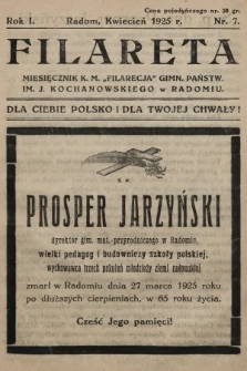 Filareta : miesięcznik K. M. „Filarecja” Gimn. Państwowego im. J. Kochanowskiego w Radomiu. 1924/1925, nr 7