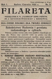 Filareta : miesięcznik K. M. „Filarecja” Gimn. Państwowego im. J. Kochanowskiego w Radomiu. 1924/1925, nr 9
