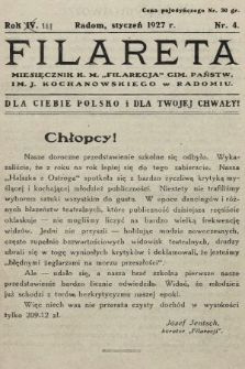 Filareta : miesięcznik K. M. „Filarecja” Gimn. Państwowego im. J. Kochanowskiego w Radomiu. 1926/1927, nr 4