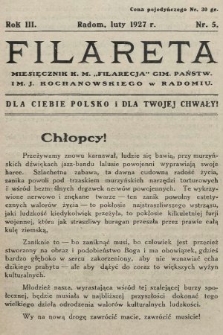 Filareta : miesięcznik K. M. „Filarecja” Gimn. Państwowego im. J. Kochanowskiego w Radomiu. 1926/1927, nr 5