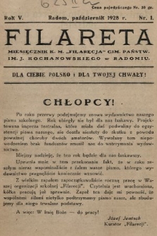 Filareta : miesięcznik K. M. „Filarecja” Gimn. Państwowego im. J. Kochanowskiego w Radomiu. 1928/1929, nr 1