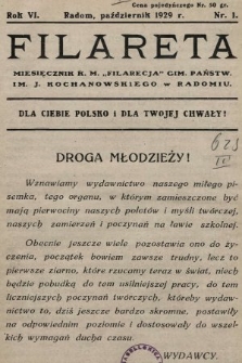 Filareta : miesięcznik K. M. „Filarecja” Gimn. Państwowego im. J. Kochanowskiego w Radomiu. 1929/1930, nr 1