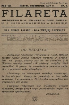 Filareta : miesięcznik K. M. „Filarecja” Gimn. Państwowego im. J. Kochanowskiego w Radomiu. 1930/1931, nr 1