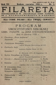 Filareta : miesięcznik K. M. „Filarecja” Gimn. Państwowego im. J. Kochanowskiego w Radomiu. 1930/1931, nr 3