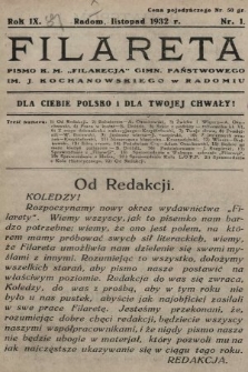 Filareta : pismo K. M. „Filarecja” Gimn. Państwowego im. J. Kochanowskiego w Radomiu. 1932/1933, nr 1